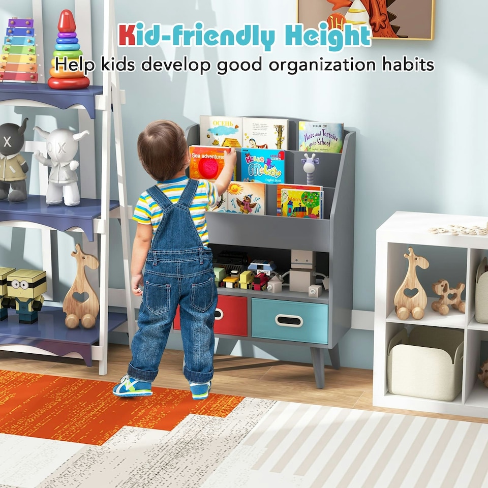 image 1 of COSTWAY Kids Bookshelf Wooden Display Rack 3-Tier Grey | Grey