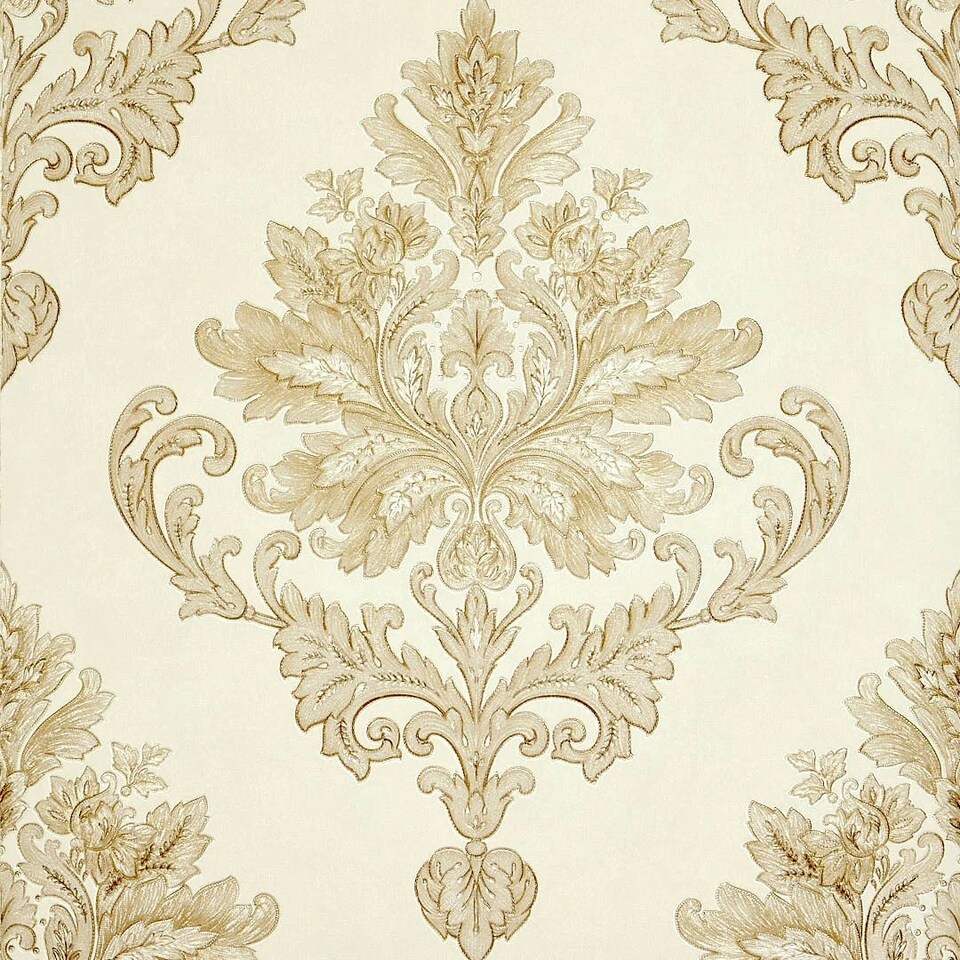 Sample of Jasmine Damask wallpaper in cream and metallic gold Multi