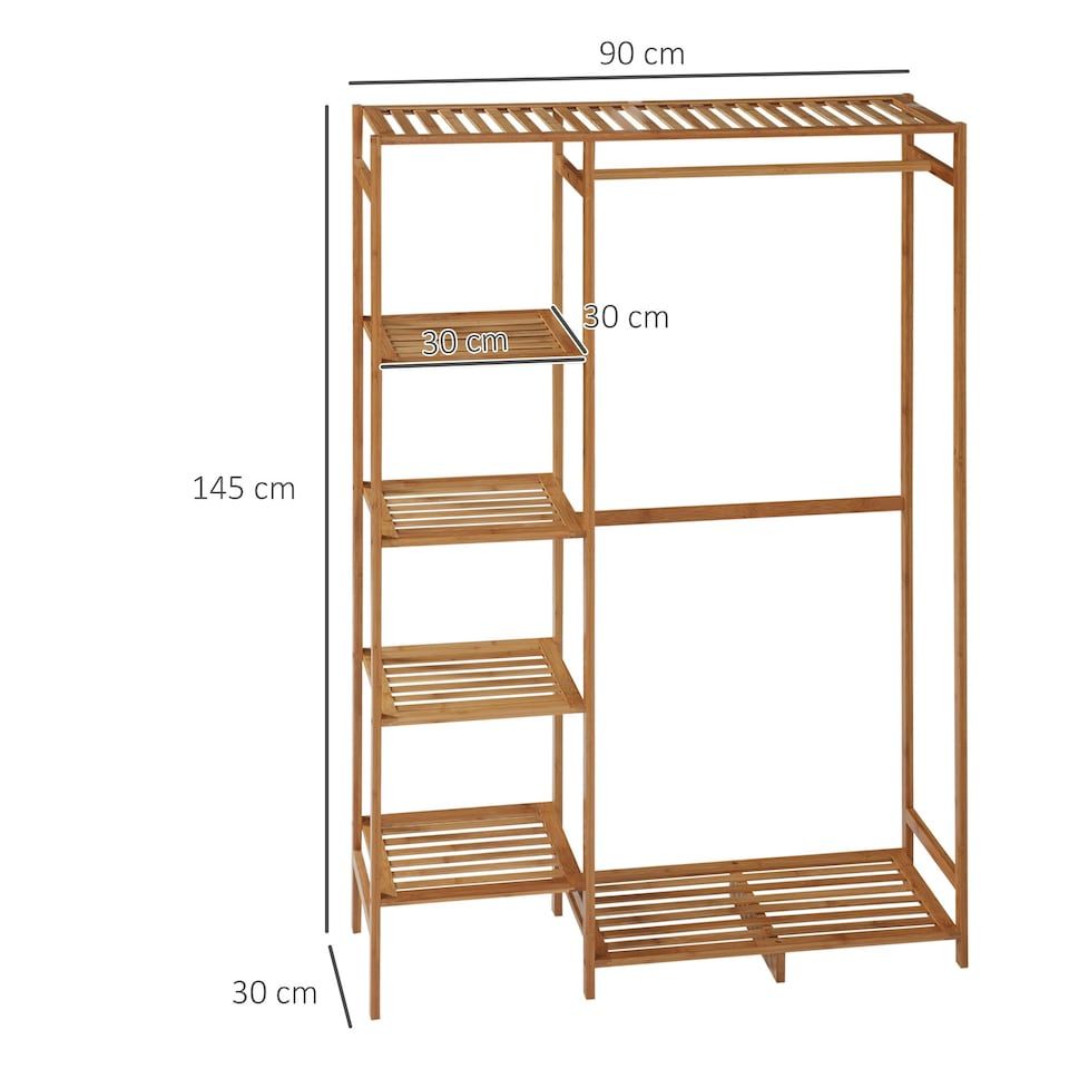image 1 of HOMCOM Bamboo Clothes Rail Garment Rack with 6 Tier Storage Shelf