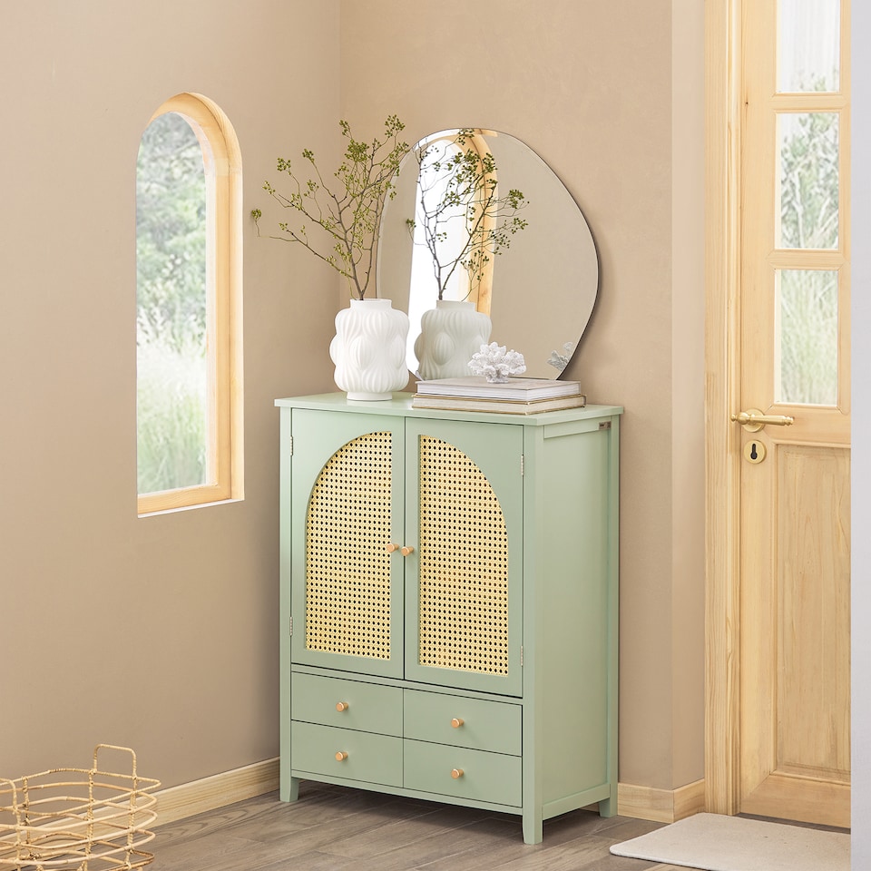 image 1 of SoBuy Sideboard Storage Cabinet with 4 Drawers & 2 Rattan Doors, Green, 27.6x13.4x35.4 inches, 26.6 kg - FSB72-GR