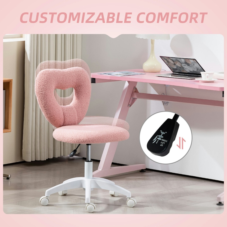 image 1 of HOMCOM Armless Heart Desk Chair, Makeup Vanity Chair for Home, Pink Pink