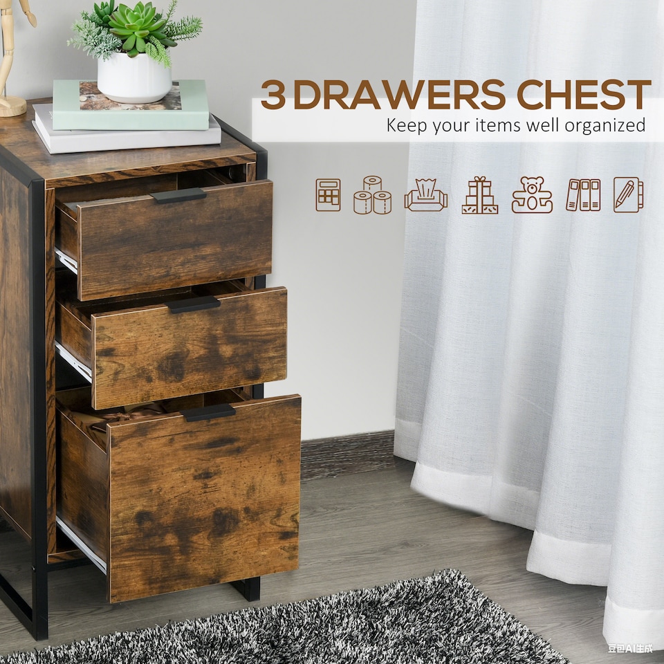 image 1 of HOMCOM Bedroom Chest of Drawers, Industrial 3-Drawer Dresser, Storage Drawers Unit with Metal Frame for Living Room, Rustic Brown