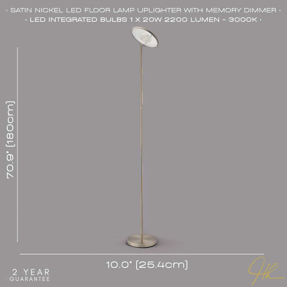 image 1 of Modern LED Uplighter Metal Floor Lamp in Satin Nickel with Memory Dimmer Button | Silver