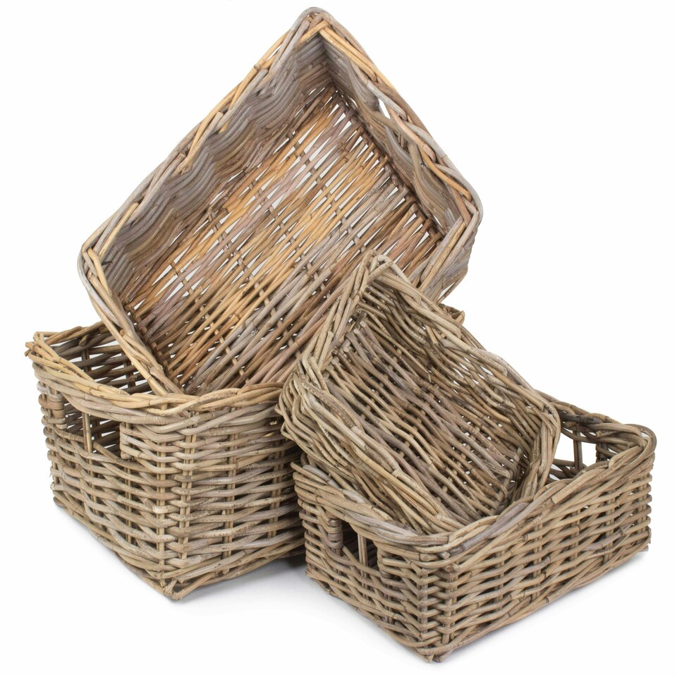 image 1 of Shallow Kubu Grey Rattan Rectangular Basket Set 4 Grey