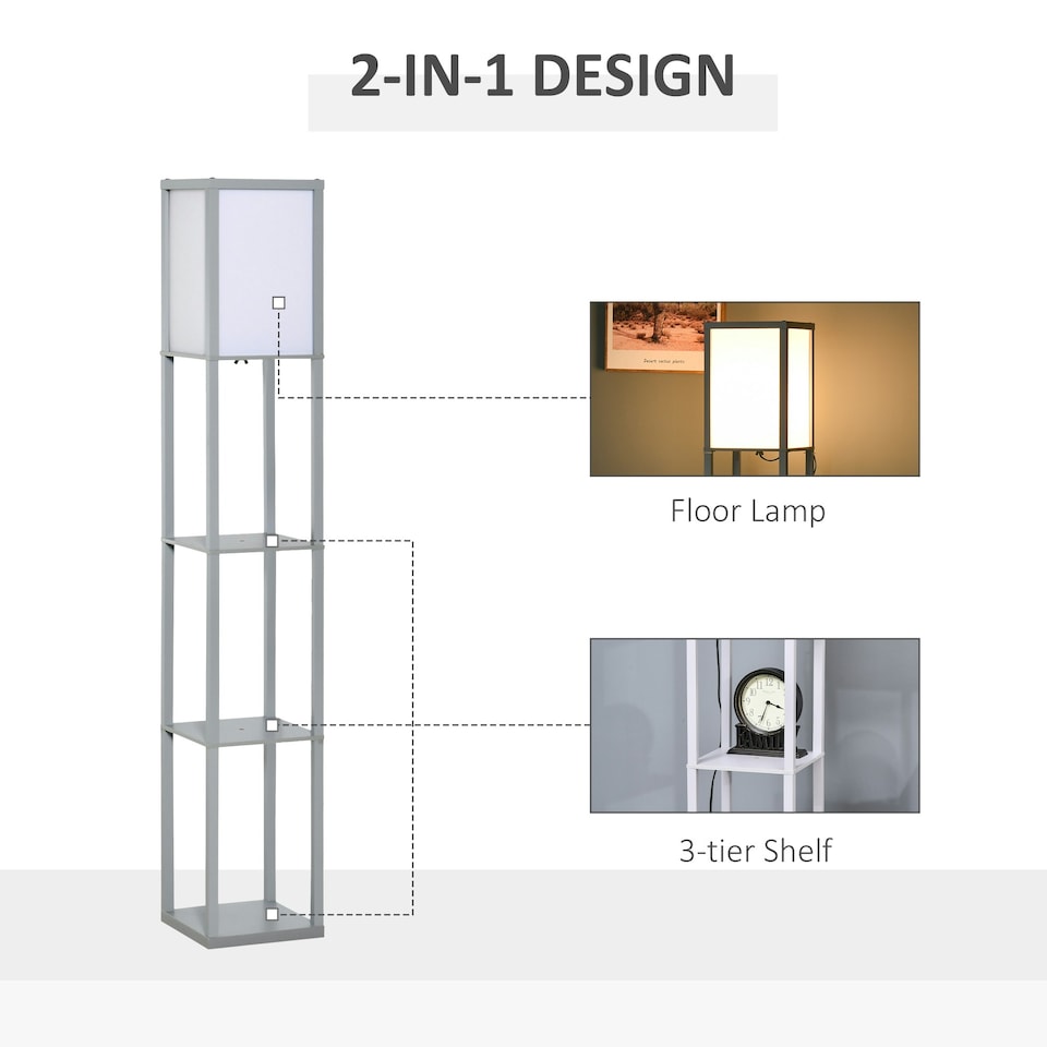 image 1 of HOMCOM Floor Lamp Reading Lamp with 3-Tier Storage Shelf for Home Office Grey