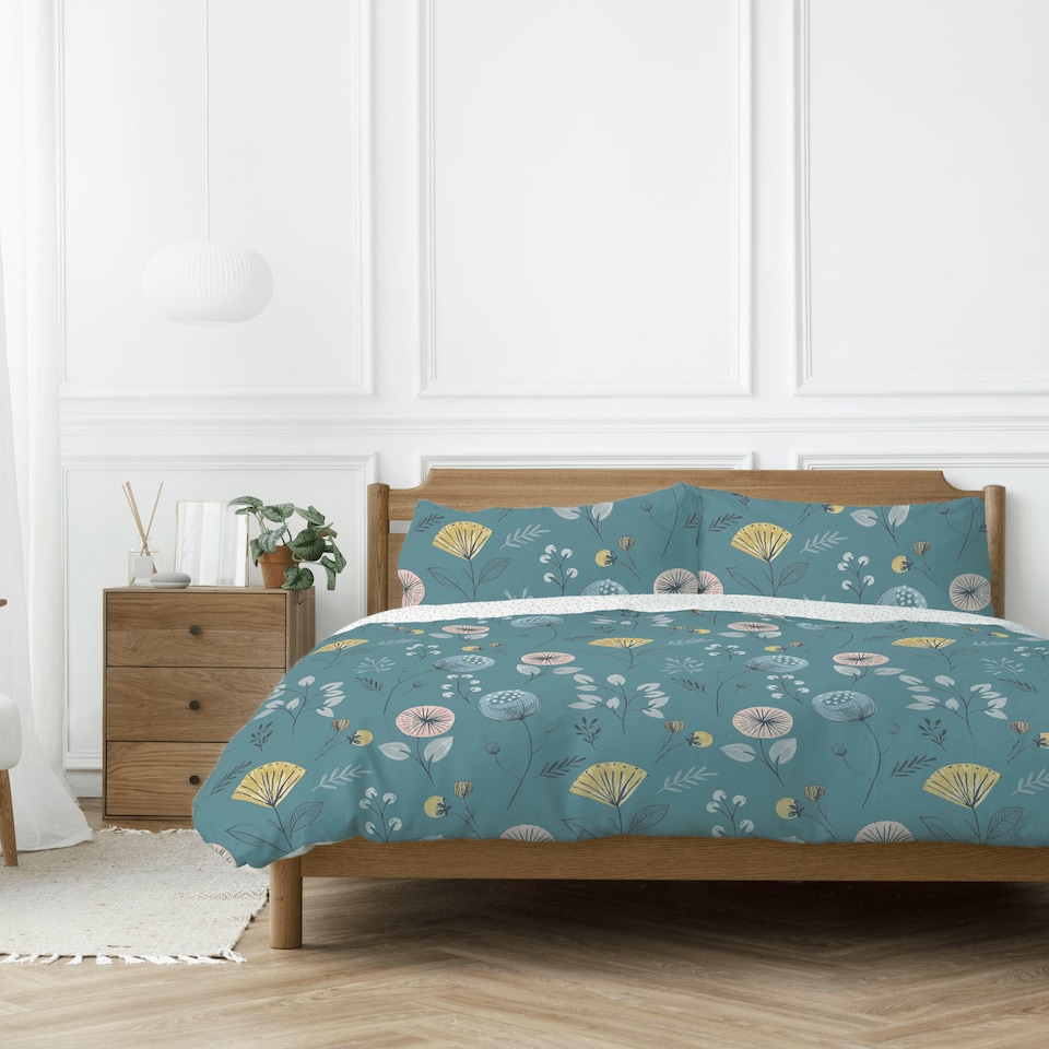 image 1 of Copenhagen Home Olia Floral Print Teal Reversible Size Duvet Cover and Pillowcase Set - Super King