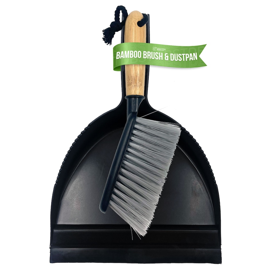 image 1 of Bamboo Handled Black Dustpan and Brush Set