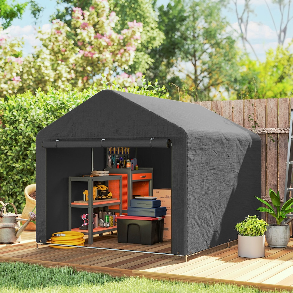 image 1 of Outsunny 6.6 x 7.8ft Outdoor Garden Storage Shed, Waterproof Bike Tent with Roll-up Zipper Door, Galvanised Metal Frame, Portable Shed Shelter Carport for Motorcycle Garden Tools, Dark Grey