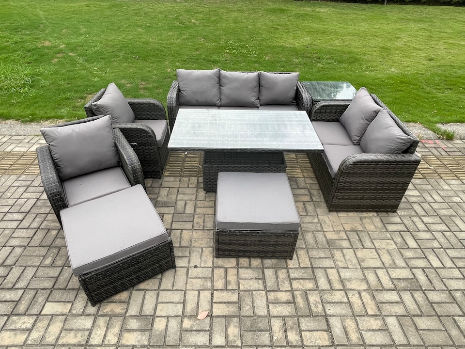 image 1 of Fimous Outdoor Rattan Furniture Garden Dining Set Patio Height Adjustable Rising lifting Table Reclining Chair Sofa With Side Table 2 Big Footstools