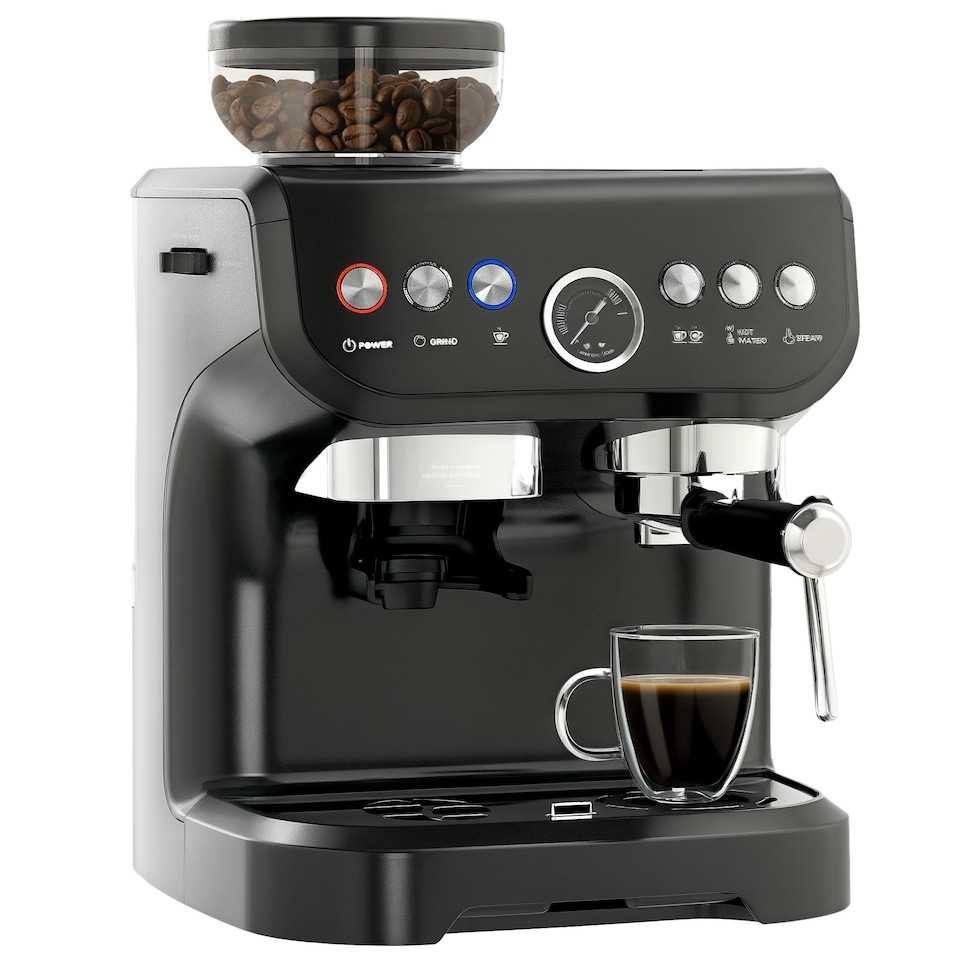image 1 of HOMCOM Espresso Machine, Bean Grinder & Steam Wand, 15 Bar Pressure, Black