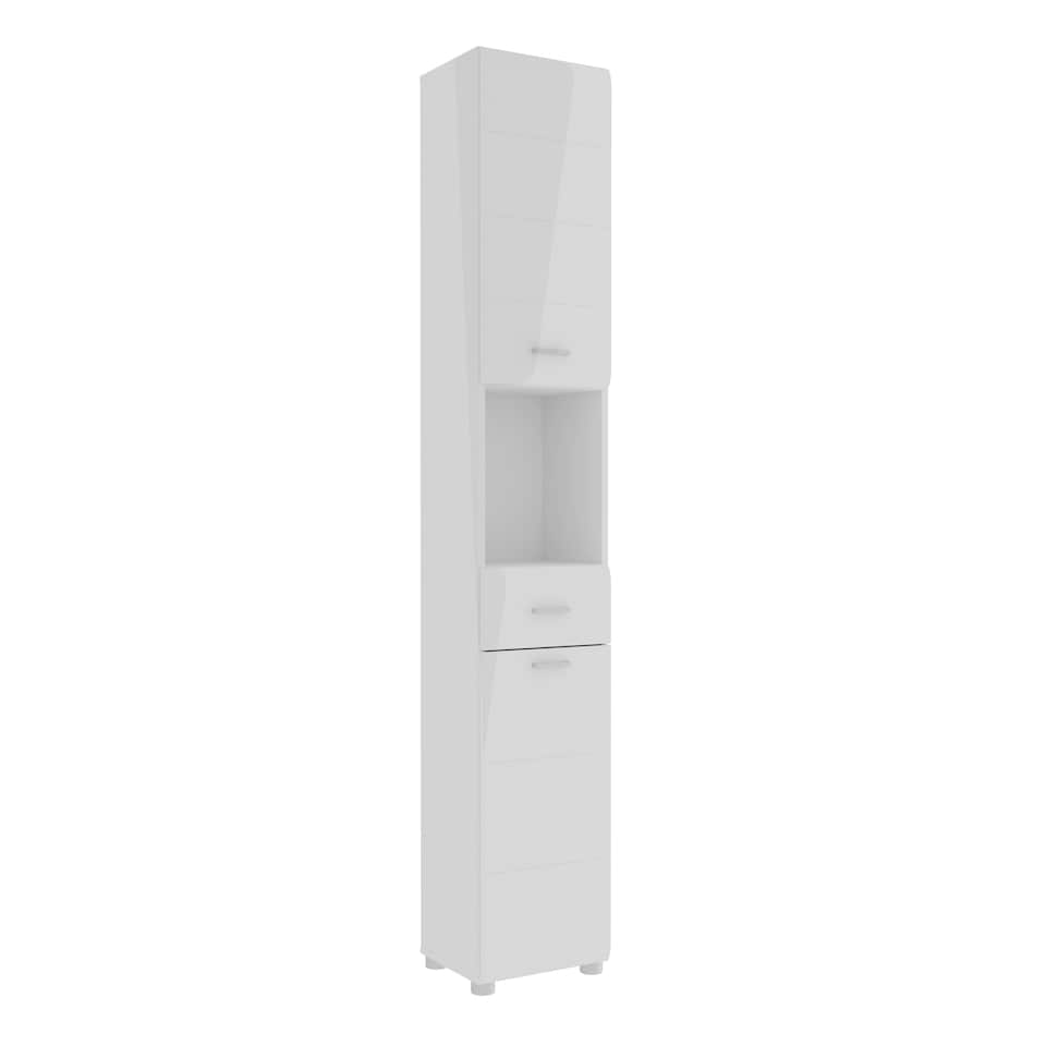 image 1 of Ice Cave Narrow Bathroom Storage Cabinet with 2 Doors & 1 Drawer with Silver Handles in White with White High Gloss Fronts