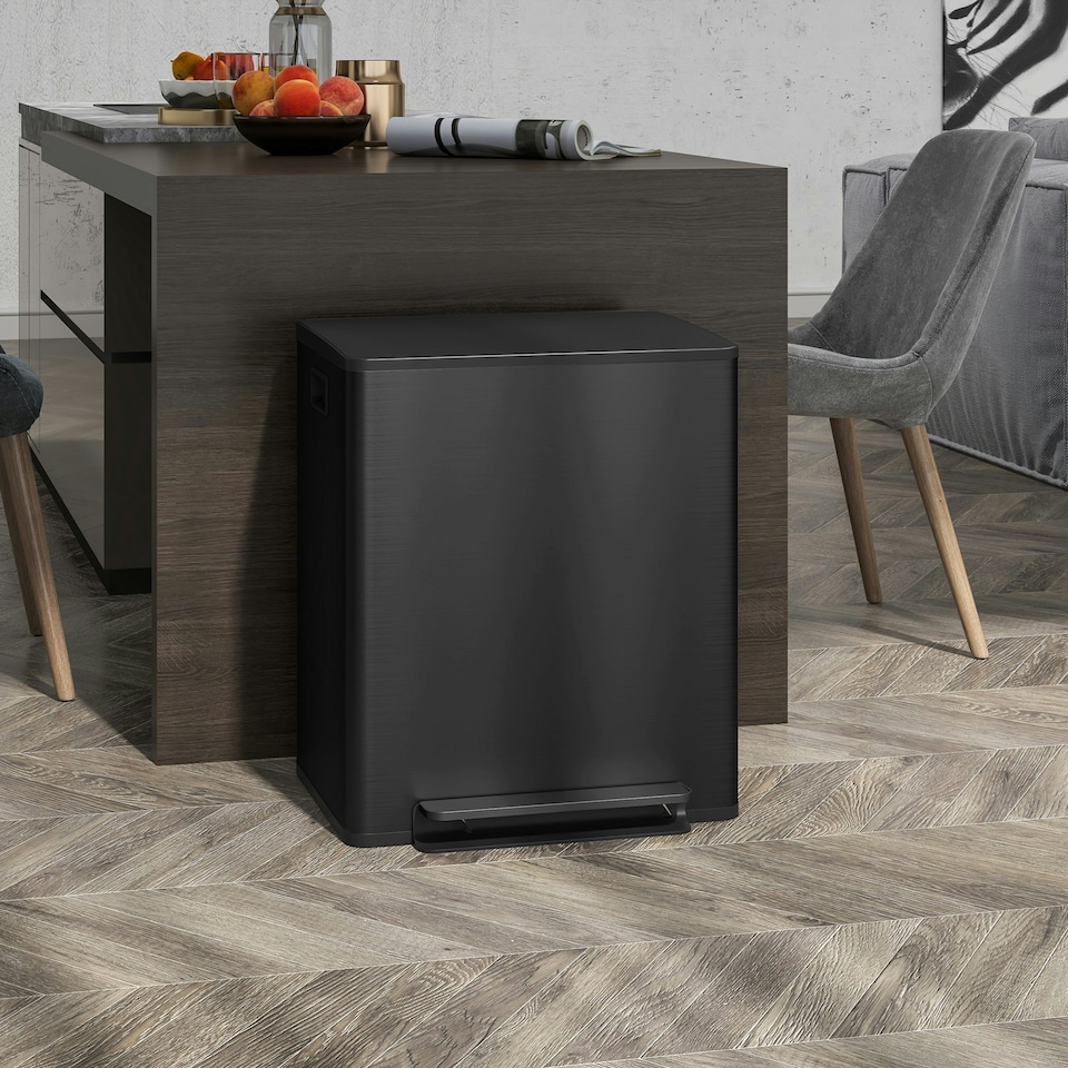 image 1 of HOMCOM 2 x 25L Double Kitchen Bin, Pedal Bin with Soft-Close Lid, Black