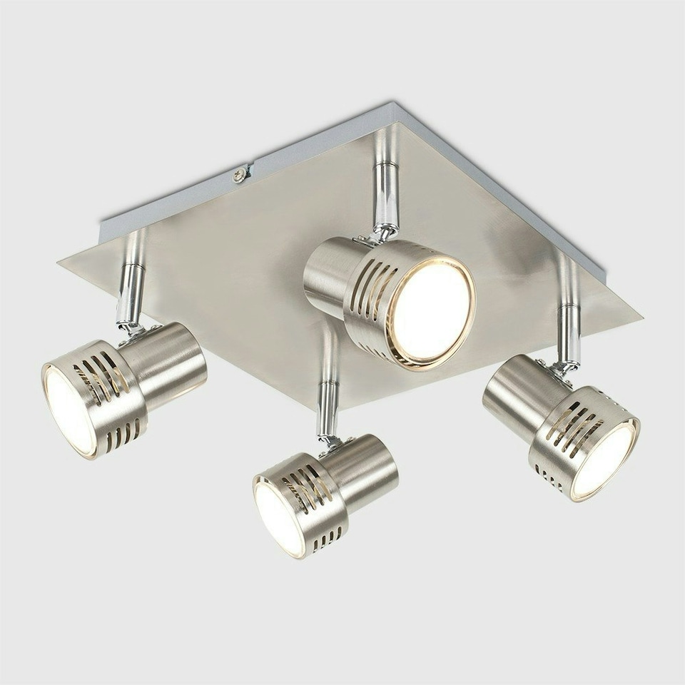 image 1 of ValueLights 4 Way Square Brushed Chrome Ceiling Spotlight with LED GU10 Warm White Bulbs Chrome