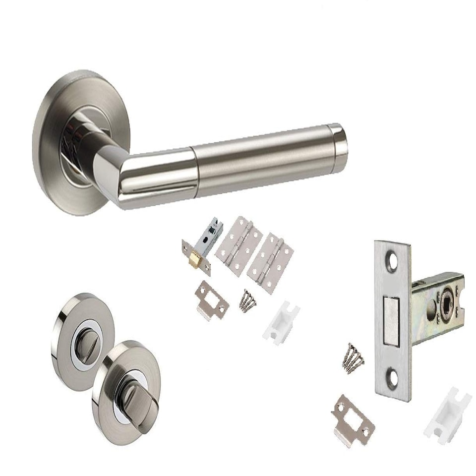 Golden Grace Mitred Style Modern Bathroom Door Handles on Round Rose in Dual Finish with 64mm Dead Bolt Grey