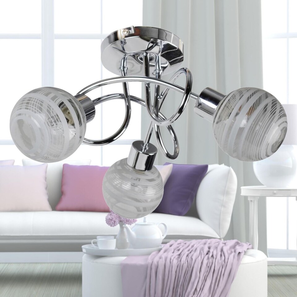 image 1 of Cafe - Chrome with Striped Glass 3 Light Flush Ceiling Light | Chrome | White | 1