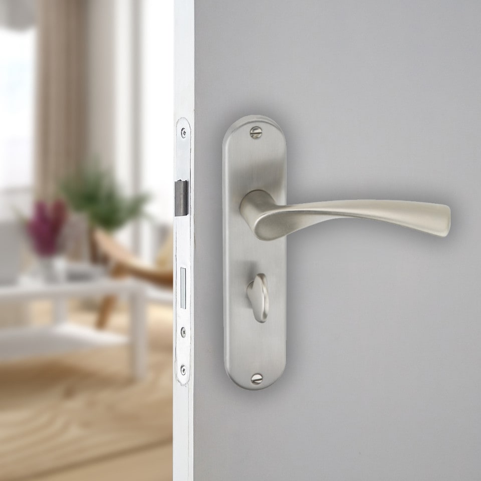 image 1 of Lyon Metal Lever Latch Door Handles Set Round Rose Internal & External | Silver | Satin Nickel Bathroom