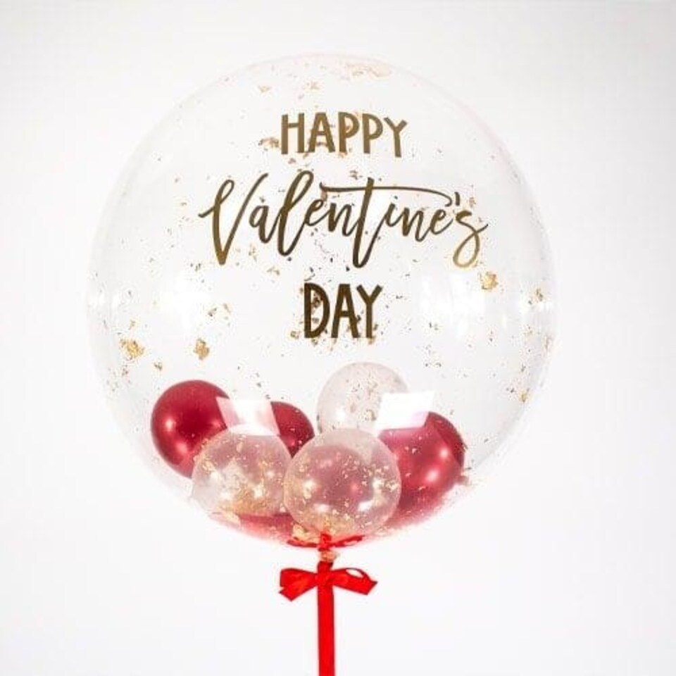 Gold Flakes and Hearts Stuffed Valentine's Day Bubble Balloon Gold