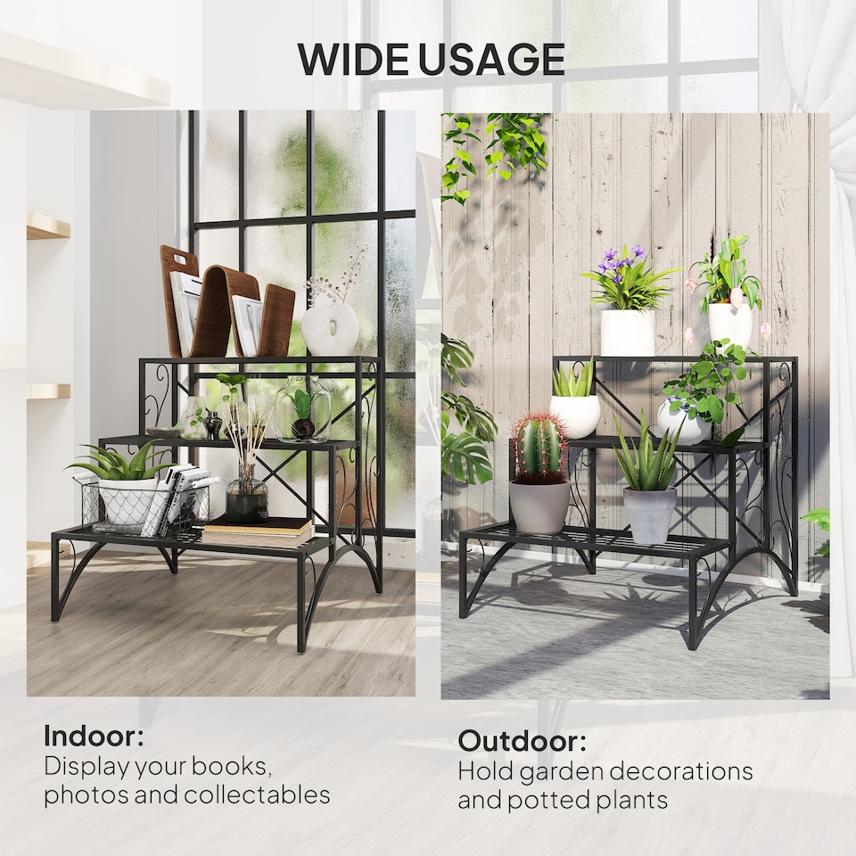 image 1 of Outsunny 3-Tier Metal Plant Stand for Garden Balcony Indoor Outdoor, Black | Black | Black