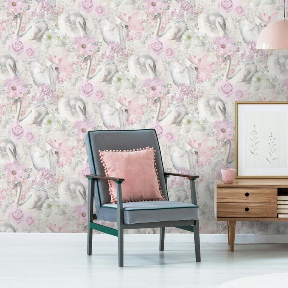 image 1 of Holden Décor Swan Glitter Wallpaper - Pink - 10m x 53cm Pink