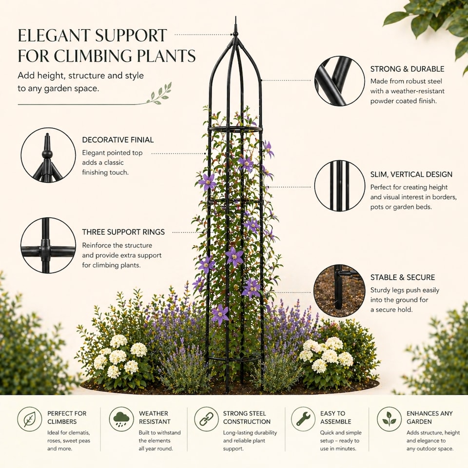image 1 of Garden Obelisk for Climbing Plants 220cm 7ft - Metal Plant Cage Support Trellis Rose Tower for Flowers, Patio Pots, Shrub, Borders