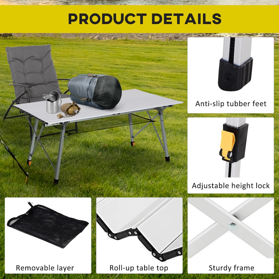 image 1 of Outsunny 4FT Folding Aluminium Picnic Table Portable Camping BBQ Table Roll Up Top Mesh Layer Rack with Carrying Bag