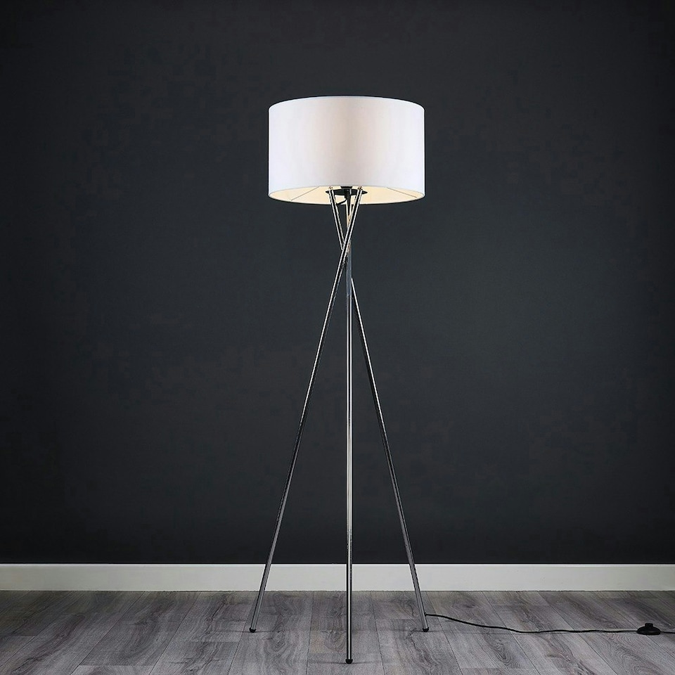 image 1 of ValueLights Camden Chrome Tripod Floor Lamp with White Drum Shade White