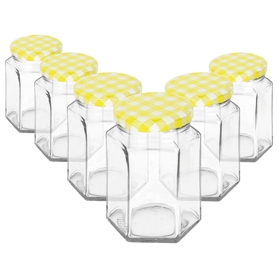 image 1 of Argon Tableware Hexagonal Glass Jam Jars with Yellow Gingham Lids - 250ml - Pack of 6