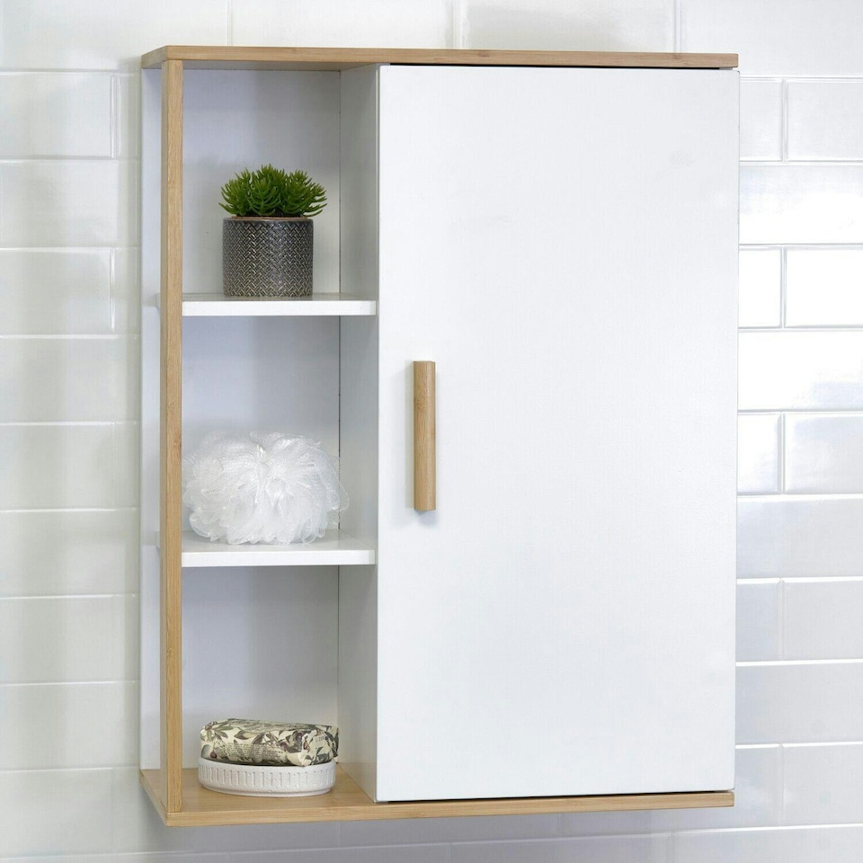 image 1 of Showerdrape Cassino Matt White & Bamboo Wall Bathroom Cabinet with Display Shelves