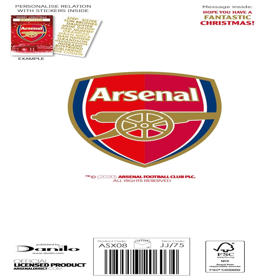 image 1 of Arsenal FC Personalise Christmas Card With Sticker Sheet