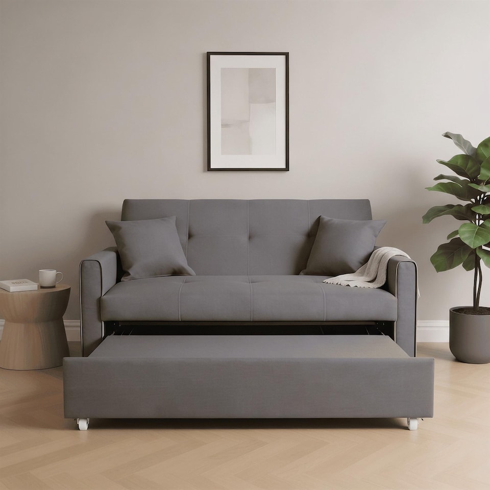 image 1 of Linen Upholstered Two Seater Pull-Out Double Sofa Bed 153 cm | Grey | Grey