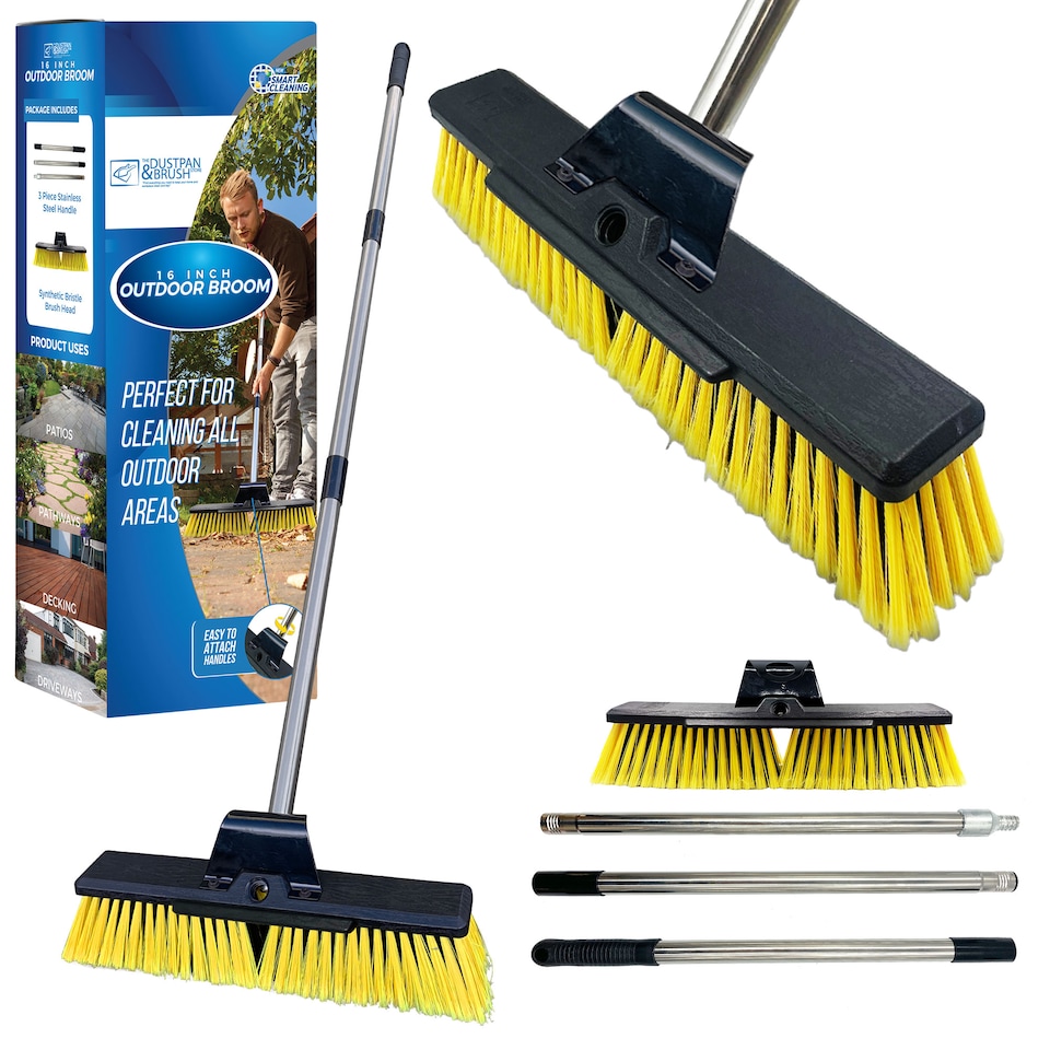 image 1 of Heavy Duty Garden Brush Outdoor Sweeping Broom 16" Wide with Metal Handle