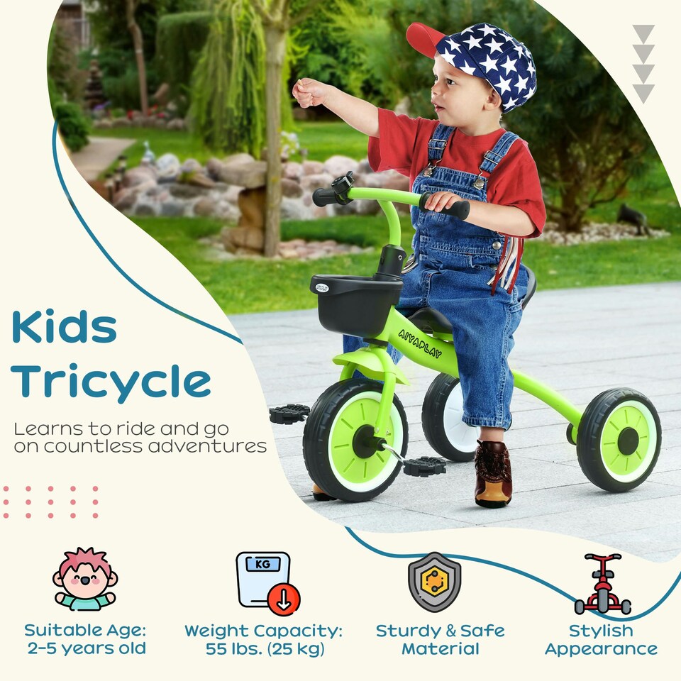 image 1 of AIYAPLAY Trike W/ Adjustable Seat Basket, Kids Tricycle for 2-5 Years Old, Green
