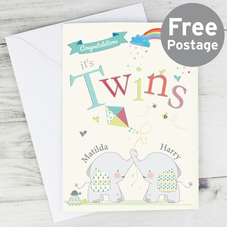 image 1 of Personalised Hessian Elephant Twins Card