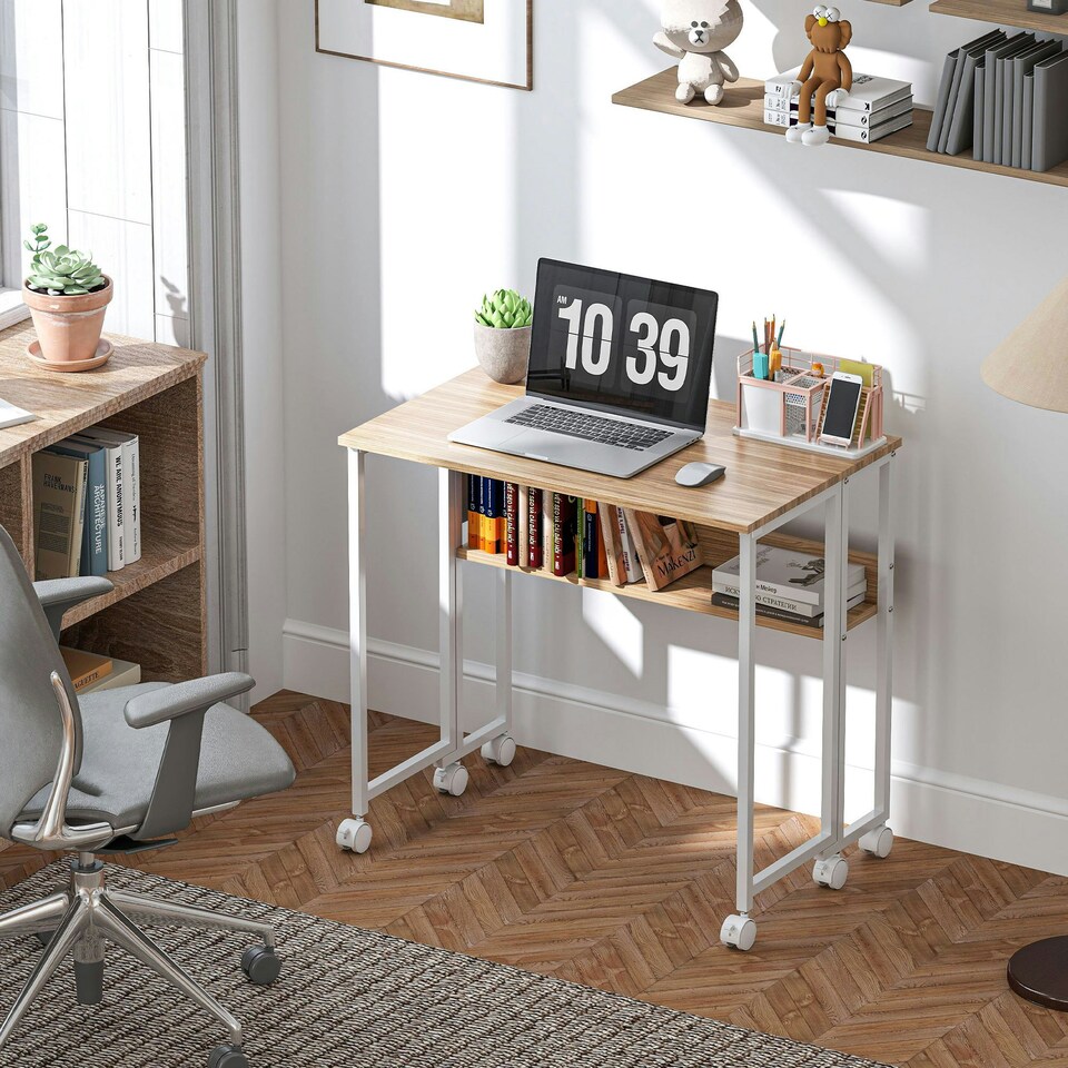 image 1 of HOMCOM Folding Desk with Storage Shelf and Bag, 80 cm Foldable Computer Desk for Small Spaces, Space Saving Writing Table on Wheels for Home Office, Bedroom, Easy Assembly, White | White