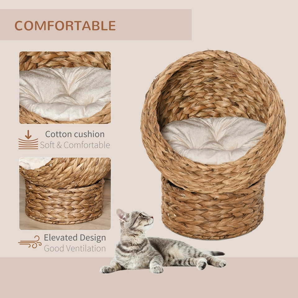 image 1 of PawHut Wicker Cat House, Raised Cat Bed with Cylindrical Base, 50 x 42 x 60 cm