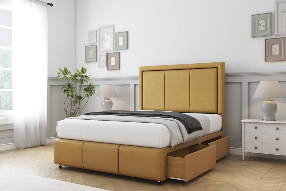 image 1 of Sloomy Lancaster Mustard Plush Divan Bed With Mattress 2 Drawers Right Side With 26" Strutted Headboard & 12" Matching Footboard 3' Single | Gold | Mustard | Single | 1