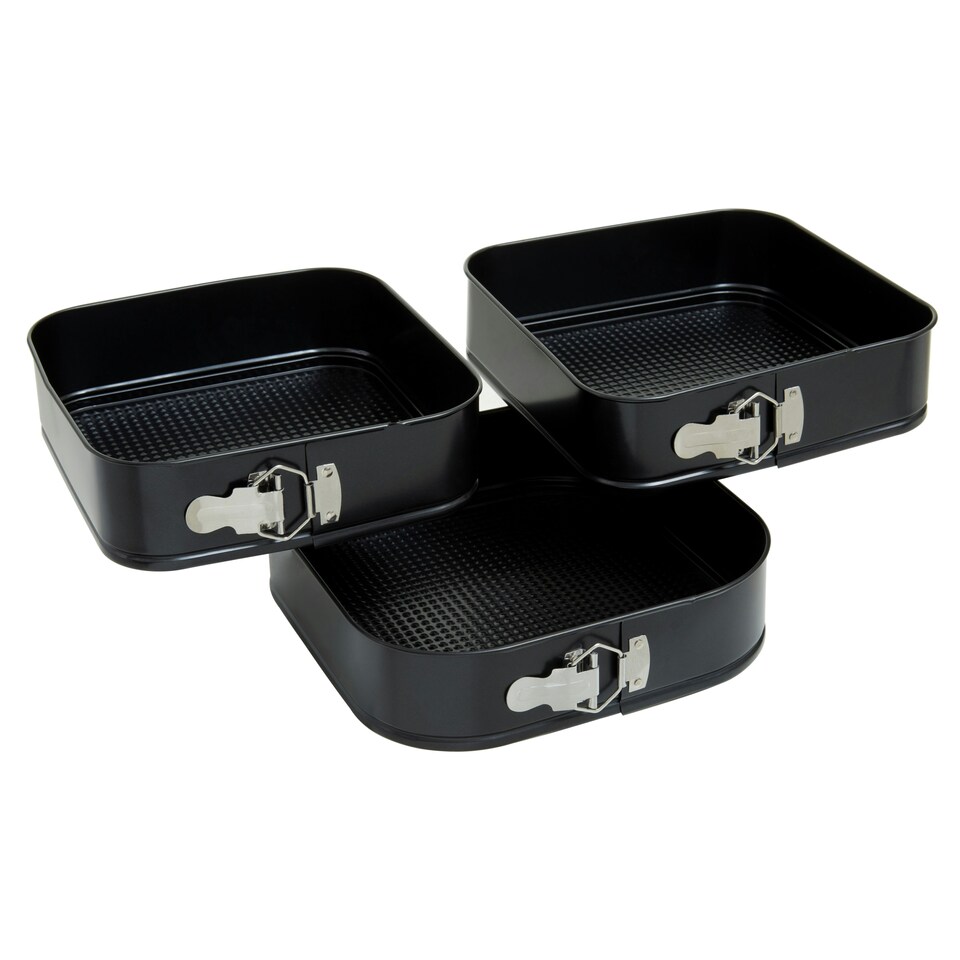 image 1 of Interiors by Premier Square Cake Tin Set Of 3, Non-Stick Springform Tins For Layered & Celebration Cakes, Durable Carbon Steel Black