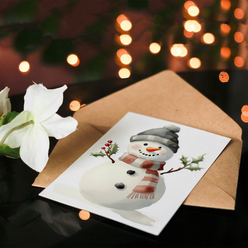 image 1 of Cute Snowman Holly Branch Arms Watercolour Blank For Him Or Her Art Christmas Card