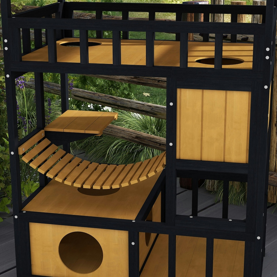 image 1 of PawHut Outdoor Cat House w/ Suspension Bridge, Houses, Balcony