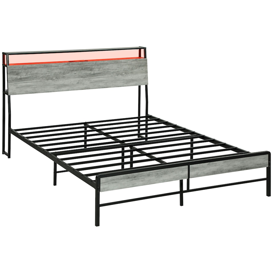 image 1 of HOMCOM LED Double Bed Frame with Charging Station, 135 x 190cm, Cement Grey