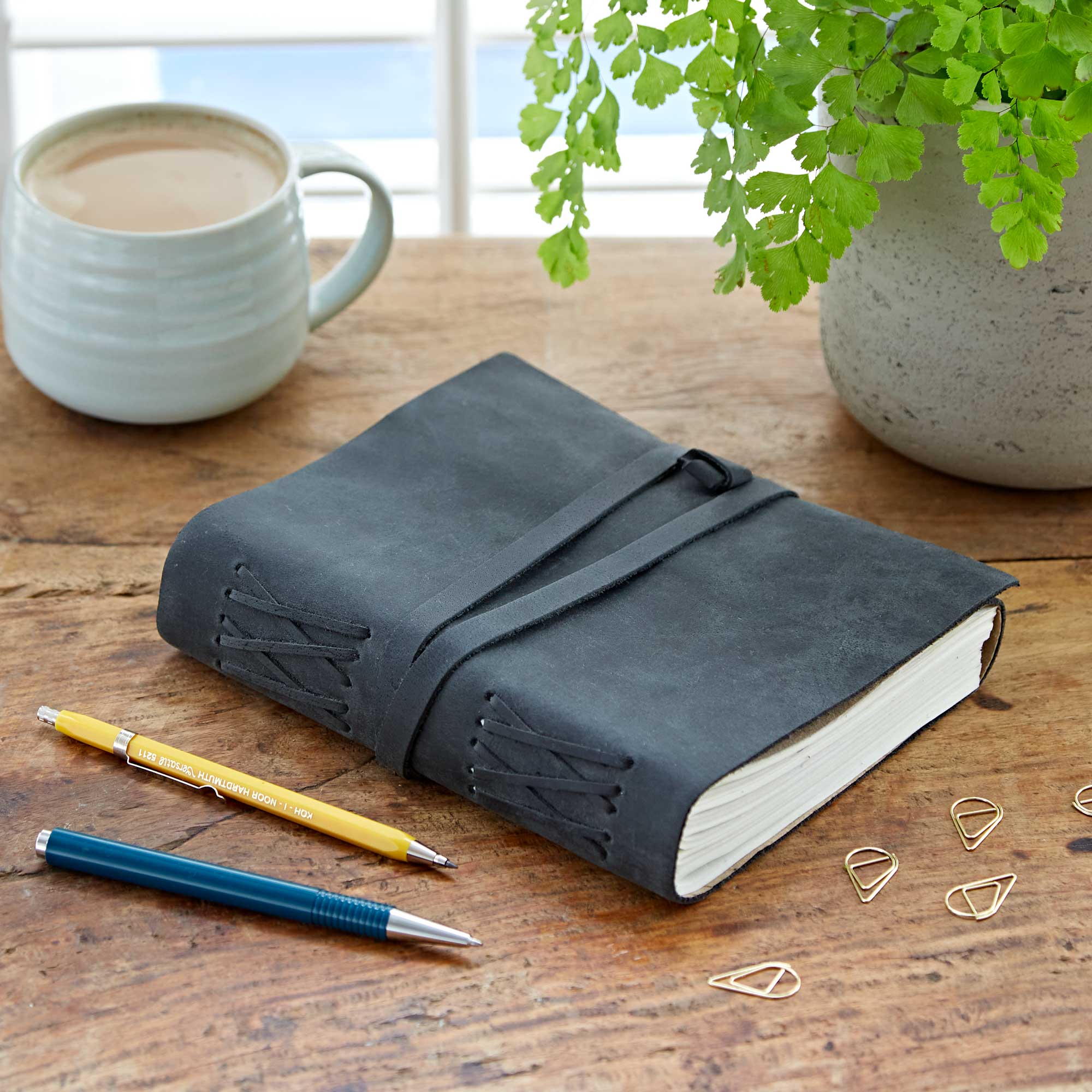 Paper High Buffalo Leather Journal with Leather Tie in Black