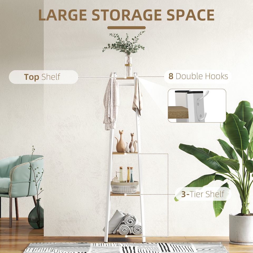 image 1 of HOMCOM Coat Rack with Storage, Freestanding Coat Stand with 8 Hooks and 3-Tier Shelf, Clothes Rack for Bedroom, Entryway, Oak and White | Brown | 1