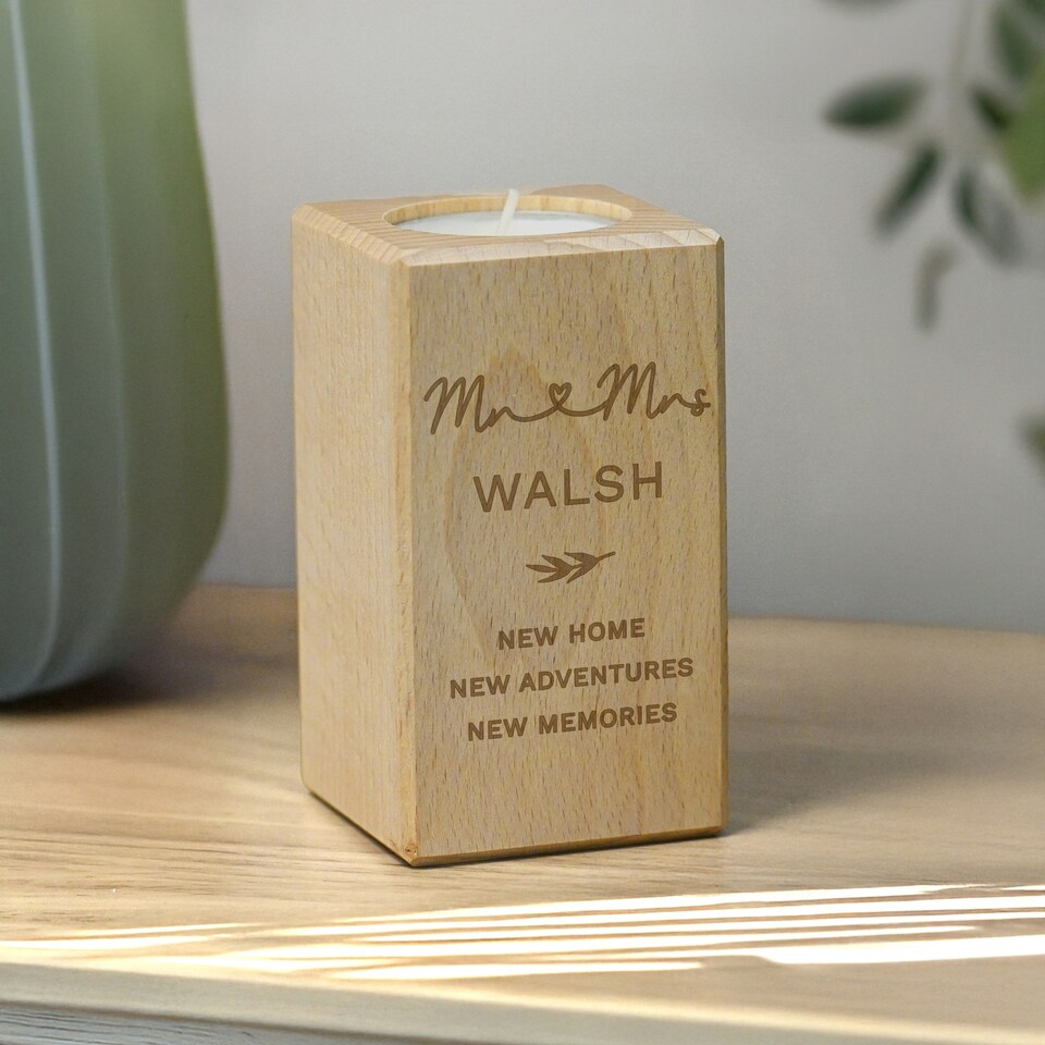 image 1 of Personalised Wedding Wooden Tealight Holder Brown