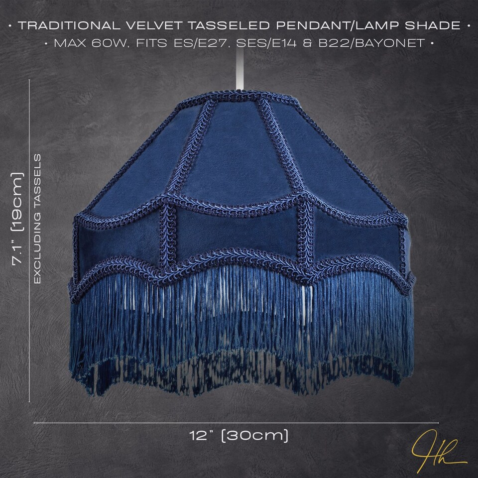 image 1 of Traditional Victorian Empire Lampshade in Midnight Blue Velvet with Tassels | Blue