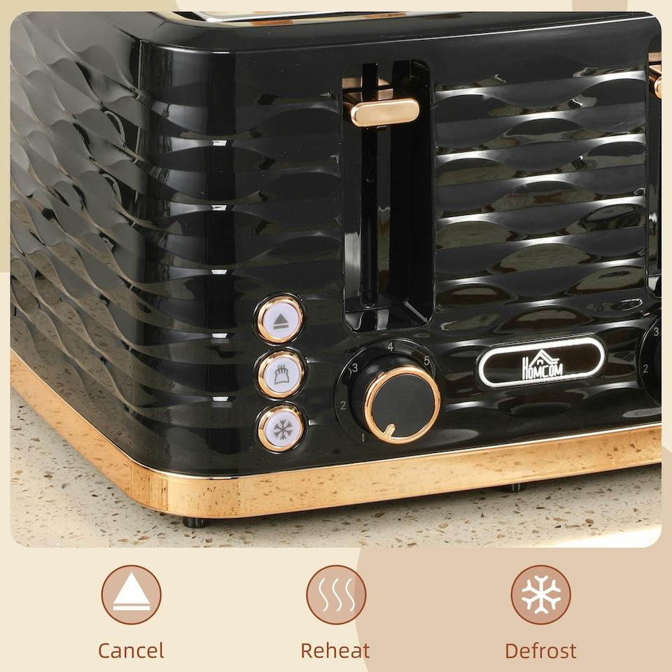 image 1 of HOMCOM Toaster with 4 Slot, 7 Browning Levels, 1600W, Black Ripple Black | Rose gold accents | 29.2 x 27.5 x 18.9 cm