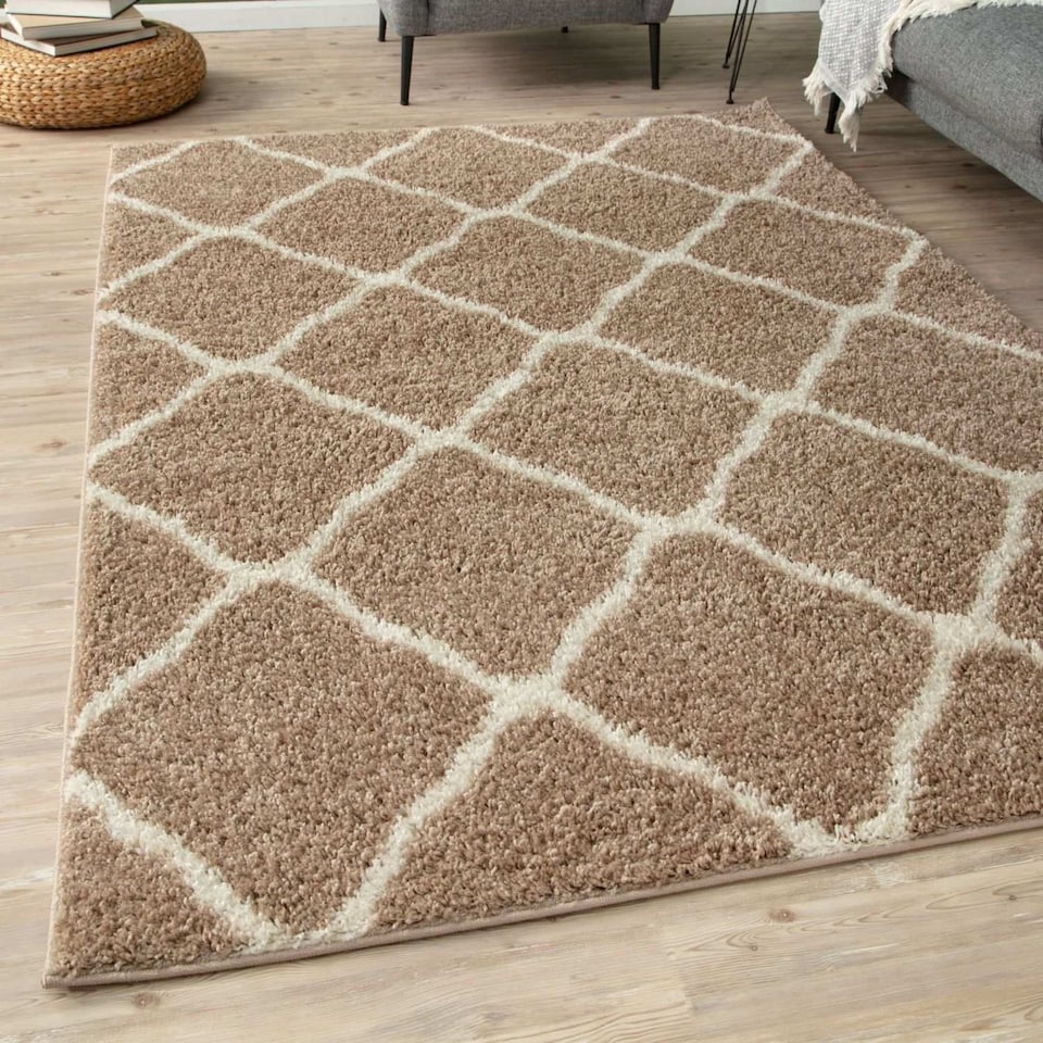 image 1 of The Rugs Moroccan Collection Soft High Pile Shaggy Lattice Floor Rugs and Runners Living Room