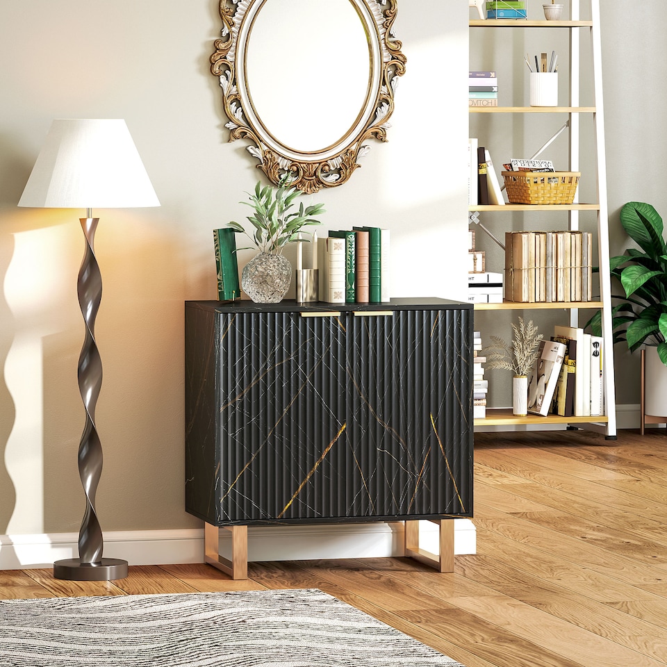 image 1 of HOMCOM Sideboard Storage Cabinet, Marble Effect Buffet Cabinet with 2 Fluted Doors and Adjustable Shelves, Coffee Bar Cabinet with Metal Legs for Living Room, Black | Black | Black