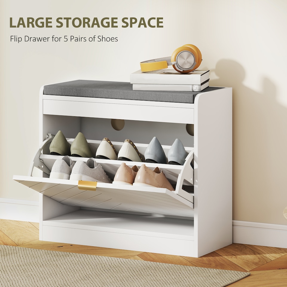 image 1 of HOMCOM Shoe Bench with 1 Flip Drawer, Cushion, 5 Pairs for Entryway White