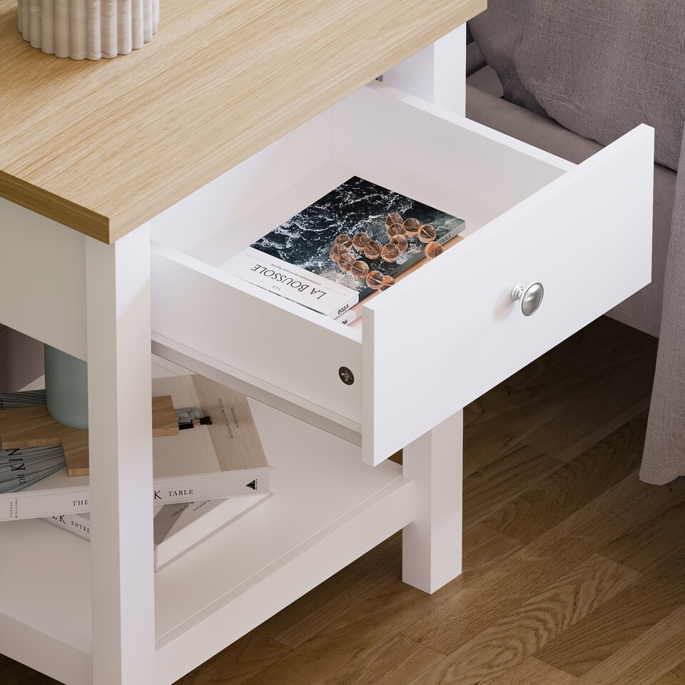 image 1 of Vida Designs Arlington 1 Drawer Side Table Shaker Sofa Bedside Table, White & Oak