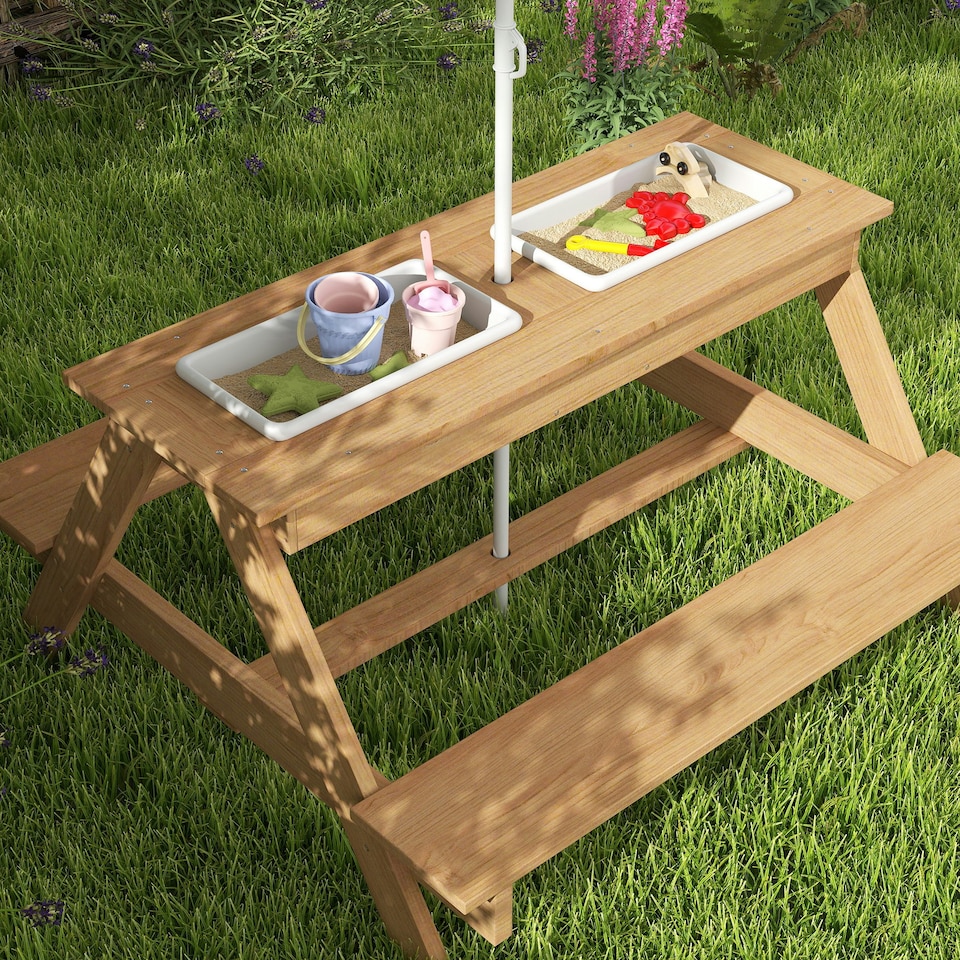 image 1 of AIYAPLAY Wooden Kids Picnic Table, Sand and Water Table w/ Benches, Parasol